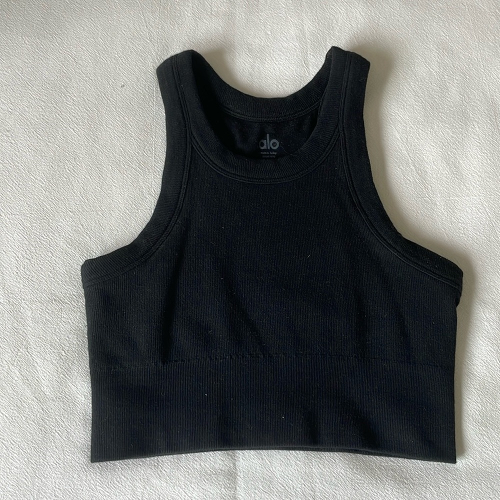 ALO Yoga Black Ribbed High-Neck Crop Tank
